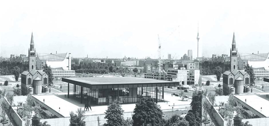 41 View of the exterior of the Neues Staatsgallerie, Berlin. Like most of Mies's other major buildings, his architecture sits deliberately separated from the city that surrounds it; elevated on a three-metre high plinth, and accessed by long, gentle steps, the museum is a perfect square - as idealised, iconic, geometry - assembled from the 20th century's two great, new building materials: glass and steel. Image forms part of the Hedrich Blessing Collection, 1991.0505. All Rights Reserved.