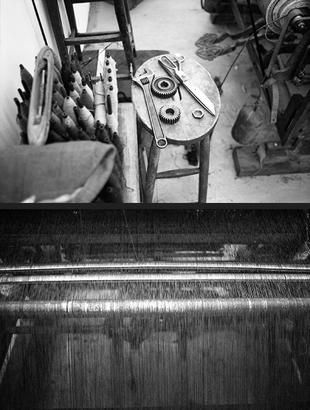 Top: Weaver's toolkit Bottom: tied ends on the hattersley loom make up the weft