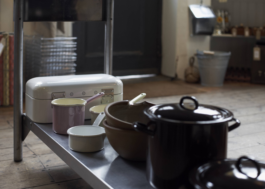 labourandwait counter top with pans and ceramic pots