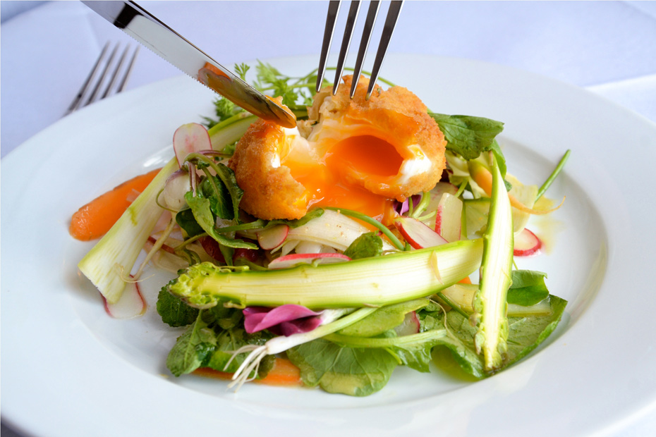 Temple Guiting soused vegetable salad with crispy Burford brown egg with soft centre 