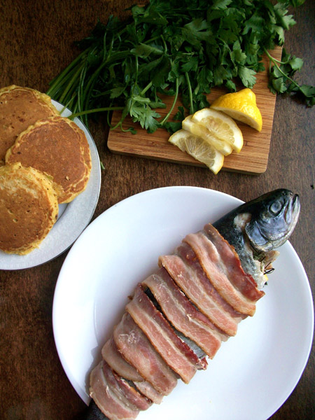 Ernest-Hemingway---bacon-wrapped-trout-with-corn-cakes