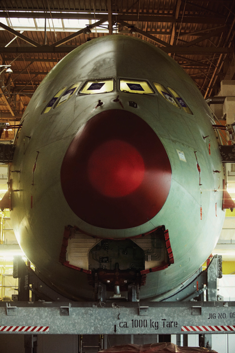 Aircraft arrive at the plant in six sections, which are joined at a single assembly station before the engines are attached 
