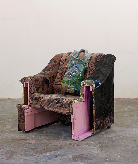 Jessica Jackson Hutchins  ‘Pink on the inside’,  2013 Cut armchair, paint, linen, glazed ceramic. © Jessica Jackson Hutchins. Courtesy Timothy Taylor Gallery London