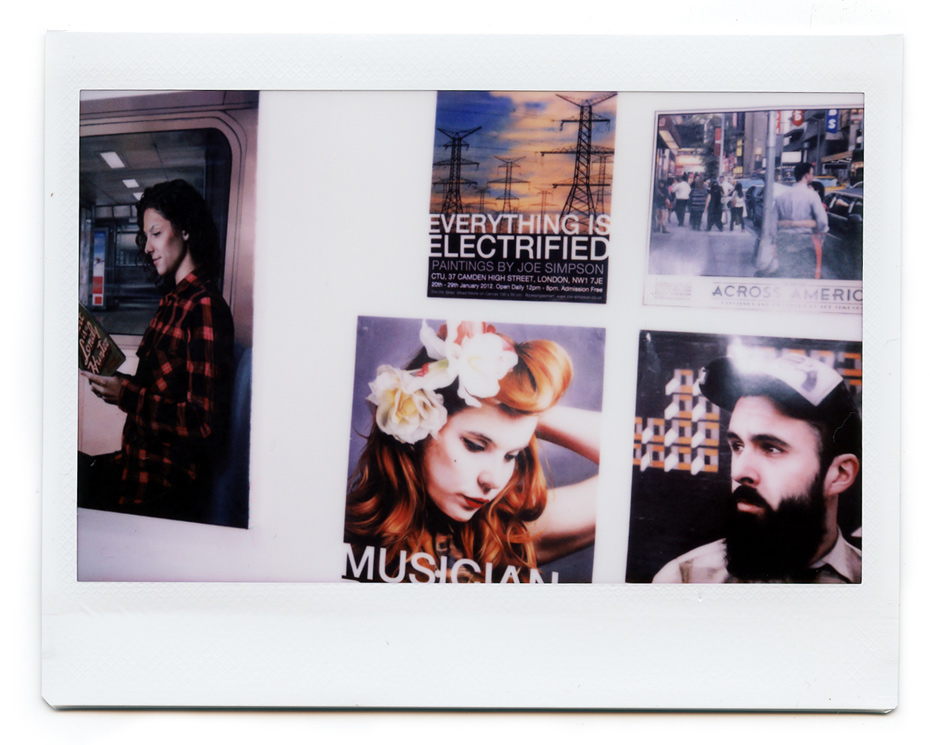 Posters promoting Joe's <em>Musicians</em> exhibition, and a section of a new painting from his <em>London</em> series