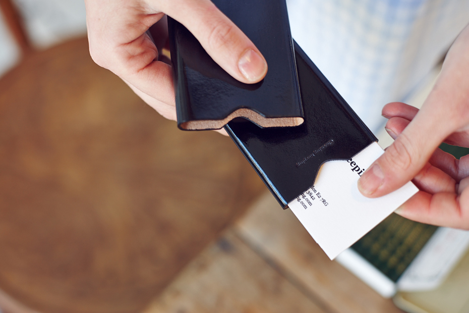 Hand crafted blue leather card holder by Choosing Keeping