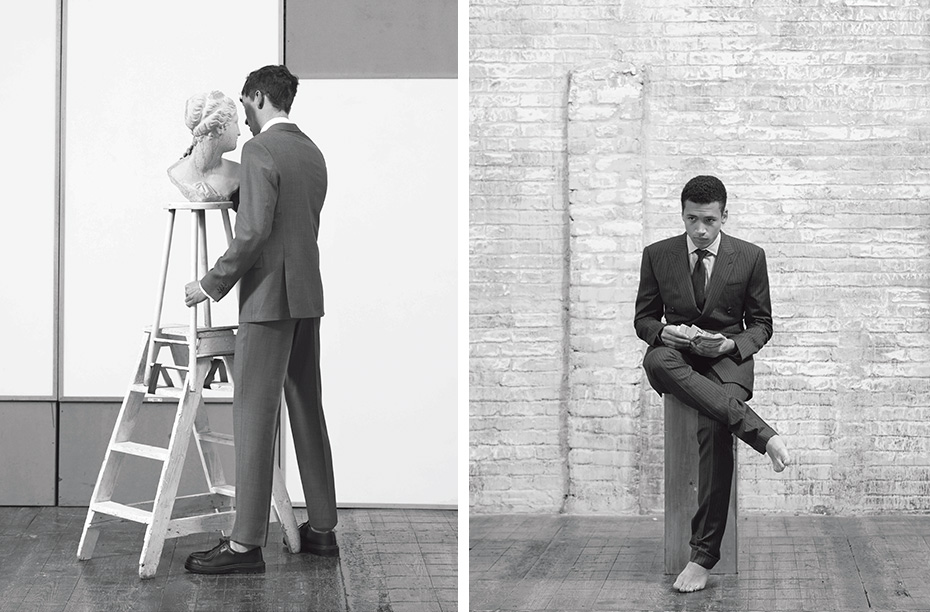 Henry wears double-breasted suit and striped shirt RALPH LAUREN PURPLE LABEL Silk knit tie DUNHILL  Left: Greg wears suit and shirt BOSS Leather shoes PARABOOT