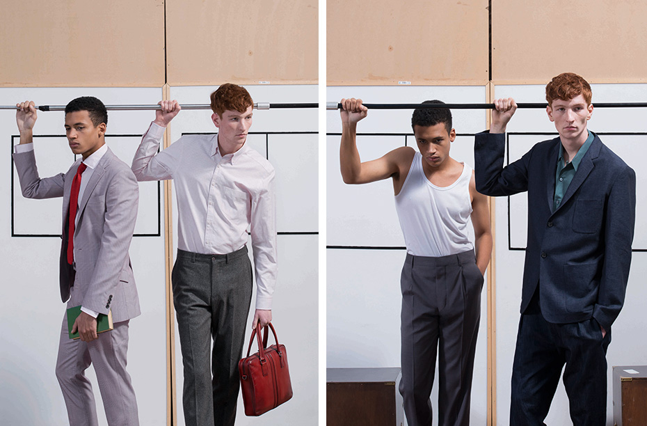 Henry wears Prince of Wales check suit and cotton poplin shirt RICHARD JAMES Knit tie MARGARET HOWELL  Greg wears striped oxford shirt and wool cashmere trousers DUNHILL Double stripe slim document holder TOD’S Henry wears vest SUNSPEL Cotton trousers PRADA  Greg wears linen jacket MARGARET HOWELL Shirt and denim trousers CHRISTOPHE LEMAIRE