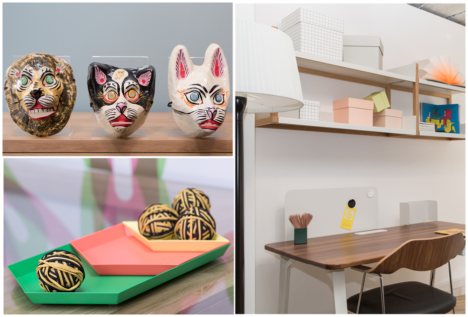 Hay Animal masks; Hay kaleido trays and elastic ball;  Mantis desk by Samuel Wilkinson, Lap wall shelving by Marina Bautier and Loop wall mirror by Nazanin Kamali. Robin Sinha