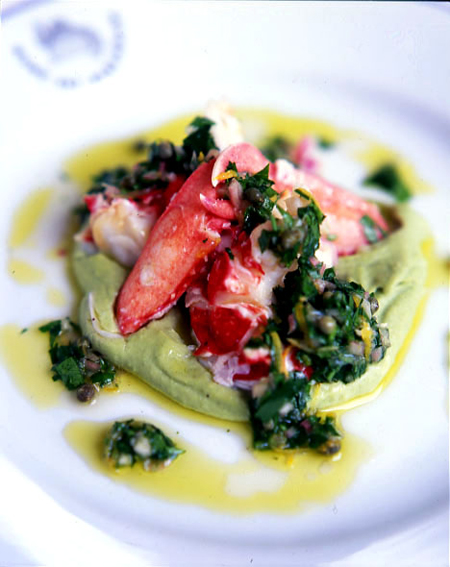 Boiled lobster with broad bean purée, and lemon and caper vinaigrette