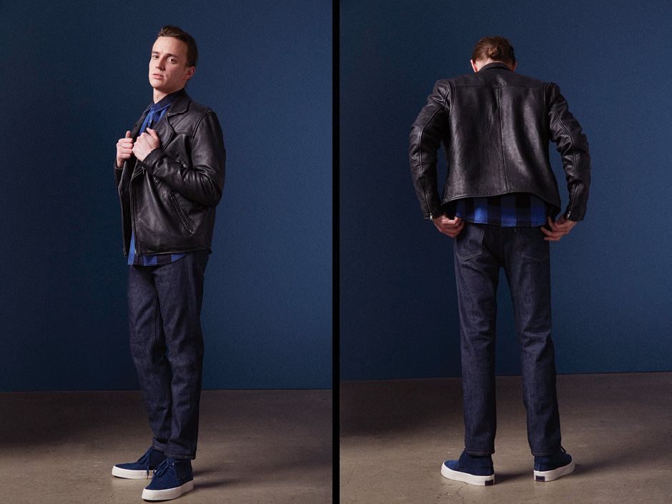 off road leather jacket, classic shirt buffalo check, tack slim rigid 14oz denim jeans levis made and crafted
