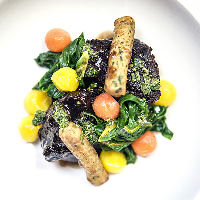 Slow braised daube of beef, olives, herb dumplings, Hermitage braising juices