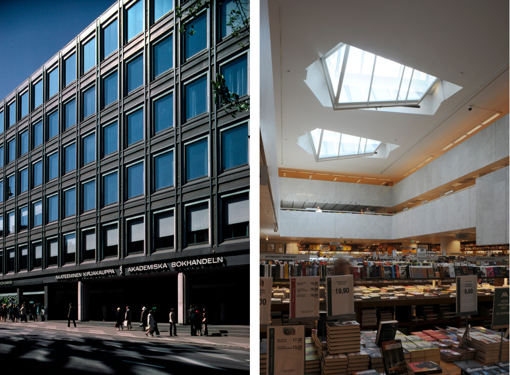Akateeminen Kirjakauppa (Academic Bookstore) – Akateeminen Kirjakauppa (Academic Bookstore) – Photo of exterior by Martti Kapanen © Alvar Aalto Museum. Photo of interior by Maija Holma © Alvar Aalto Museum