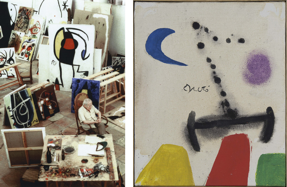 Left: Joan Miró, Son Abrines, 1978, Photo Jean Marie del Moral. Right: Joan Miró, Woman in front of the moon, 1978, Oil on canvas, 27 x 22 cm (10.6 x 8.7 in.) Courtesy of Mayoral