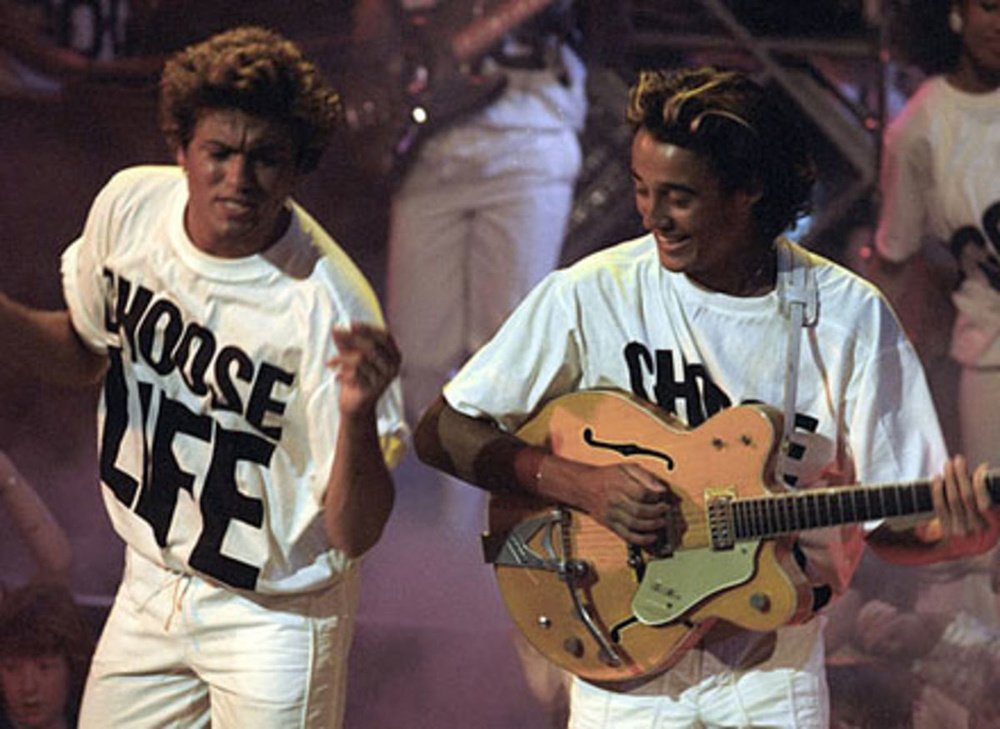 Wham! wearing 'Choose Life' t-shirts designed by Hamnett