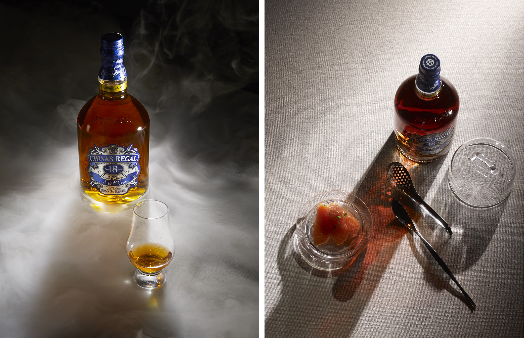 Left: Chivas 18 Ultimate Cask Collection First Fill American Oak – Right: Chivas 18 Ultimate Cask Collection First Fill American Oak with Youssef’s salmon sashimi