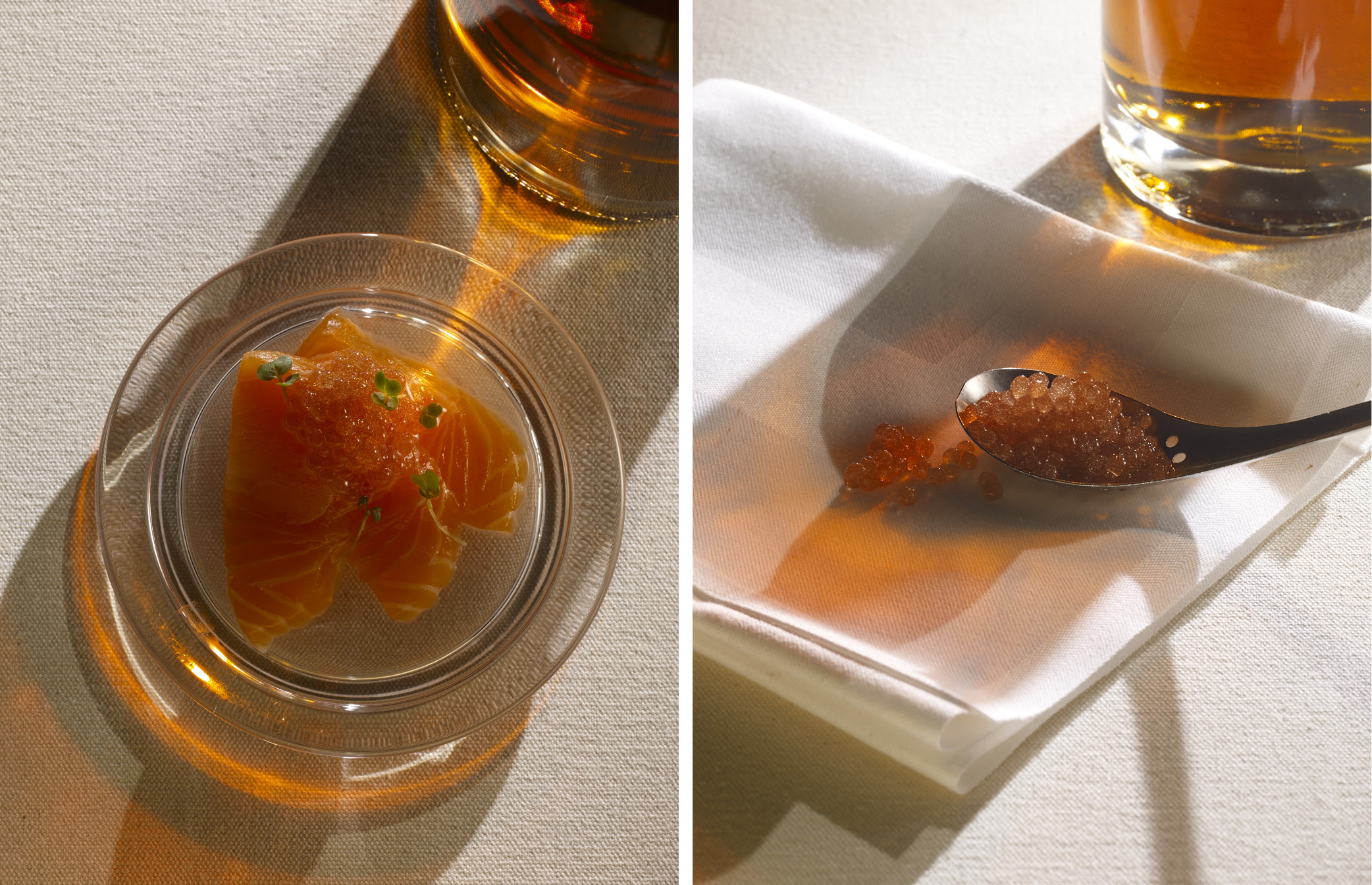 Left: Youssef's salmon sashimi – Right: caviar made from Chivas Regal 18 Ultimate Cask Collection First Fill American Oak