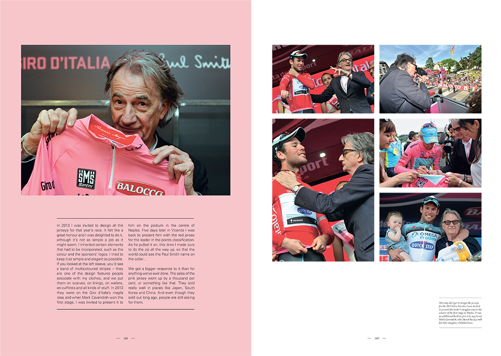 Left: Smith with the jersey he designed for 2013 Giro – Right: Smith presenting the red leader’s jersey for the points competition to his friend Mark Cavendish