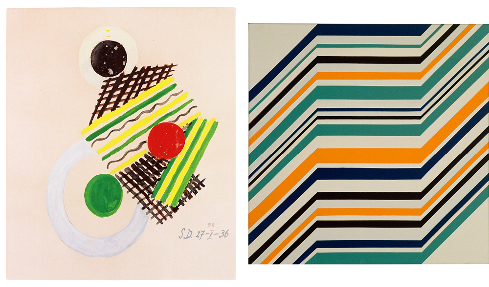 Left: Sonia Delaunay, Untitled, 1936, 64x46 cm, gouache on paper – Right: Ottavio Missoni, Senza titolo, 1971, 73 x 73 cm, acrylic on board. MISSONI, L’ARTE, IL COLORE