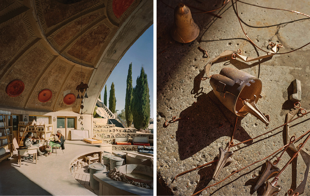 Left: The ceramics studio, which doubles as a stage for performing arts and conferences, is positioned so that, by the summer solstice, the workspace will be in shade – Right: Soleri wind bells and their clappers prior to assembly