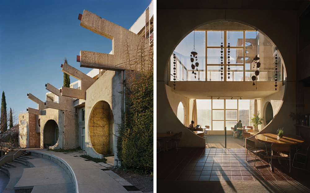 Left: The experimental East Crescent neighbourhood combines apartments, workshops, a library and spaces for students, which all back on to a public amphitheatre – Right: A round window in the Arcosanti cafe frames a balcony and the view to the west