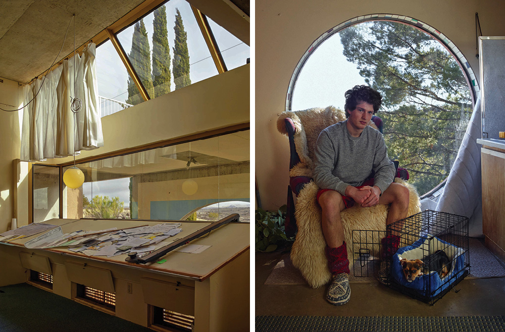 Left: The drafting table of Arcosanti’s founding architect, Paolo Soleri – Right: Resident and college student Tristan Tollas in his room with a view of the 4,000 acre preserve that surrounds Arcosanti