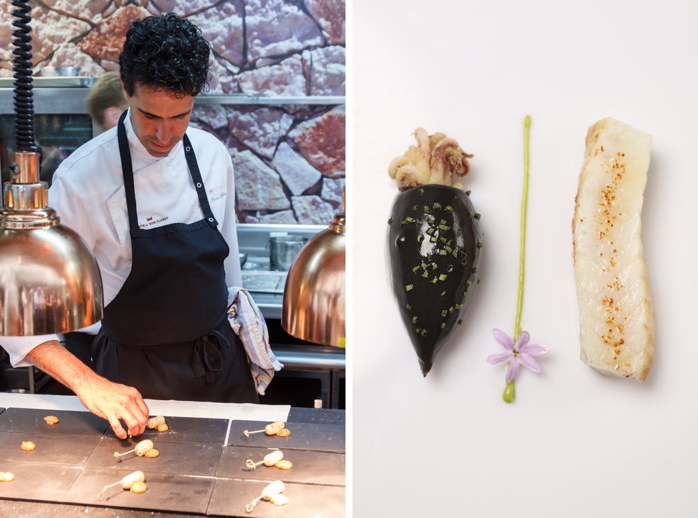 Left: Arellano in the Zaranda kitchens – Right: Filet of John Dory, calamari, onion and spring garlic allioli