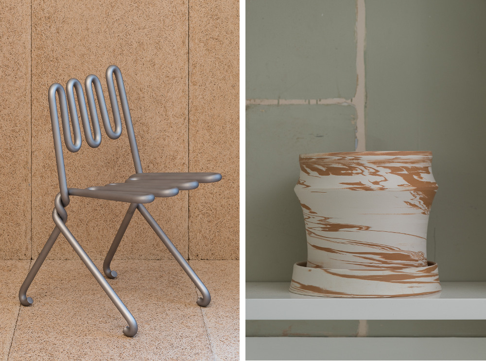 Left: Ali Bar Chair by Max Lamb Right: Duo Tone Duo by Martino Gamper Photo credit - Damian Griffiths