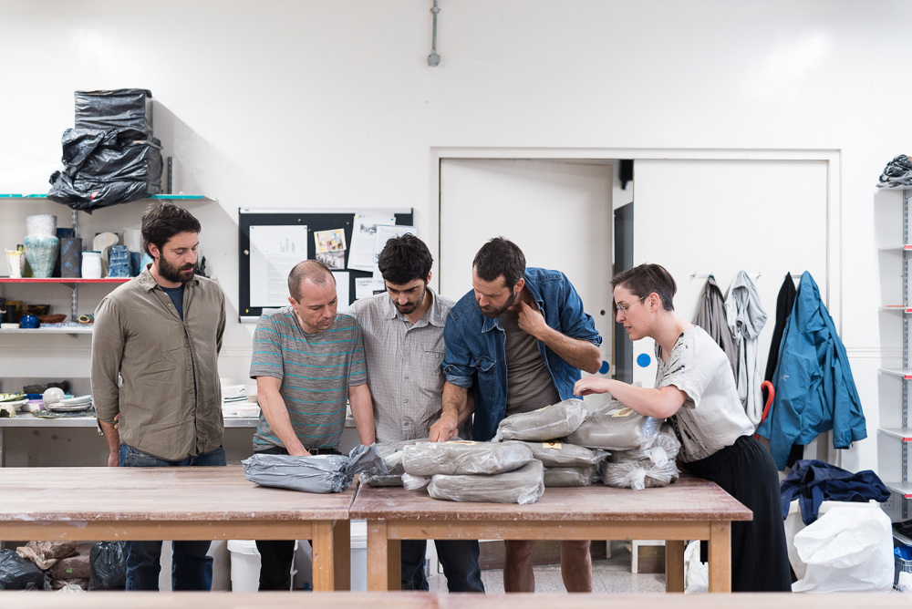 From left to right: Max Frommeld, Jochen Holz, Tiago Almeida, Martino Gamper, Attua Aparicio Torinos (from Silo Studio)<br /> Photo credit - Damian Griffiths