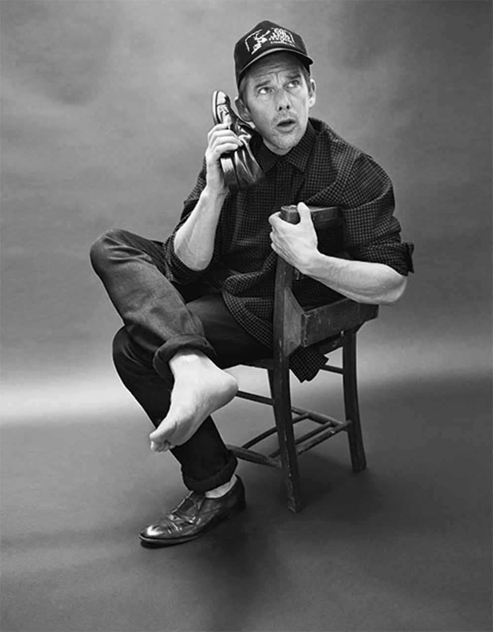 Mirco-check wool oversized shirt and wool serge narrow trousers DIOR HOMME, Trucker hat and patent leather loafers throughout stylist's own