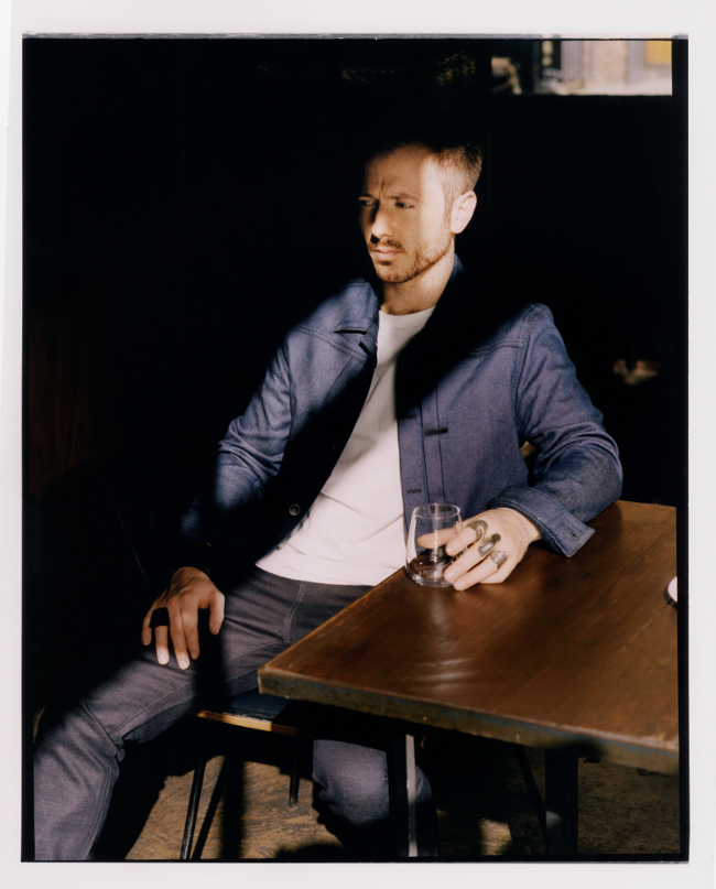 Ollie wears Wool cashmere lined Type II Pile Trucker, Heavyweight 8oz cotton T-shirt, Italian selvedge chino pant in After Thought Levi’s® Made & Crafted™ – photo by Pani Paul